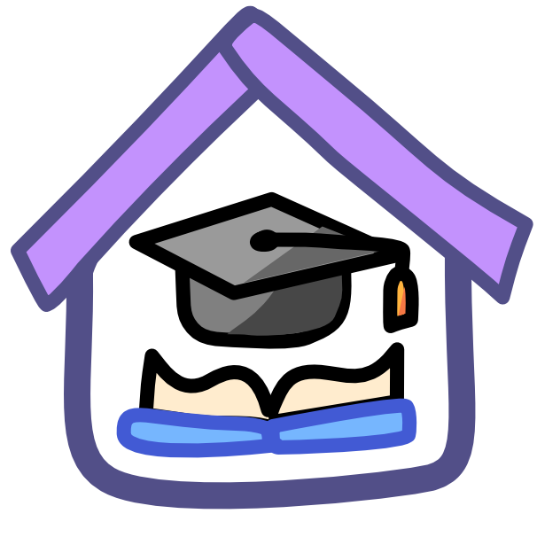 There is a graduation cap sitting above an open book inside a purple house-shaped frame with thick roof. The book has a blue cover and is lying flat with its pages facing up. The image has dark line art.